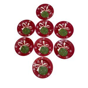 8 Vtg Pier1 Hand-Painted Ironstone Christmas Plates Red Holiday Ornament 8.75"